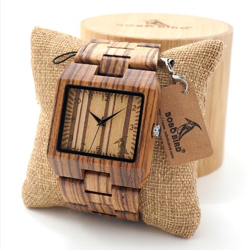 BOBO BIRD Rectangle Zebra Mens Wooden Wrist Watch
